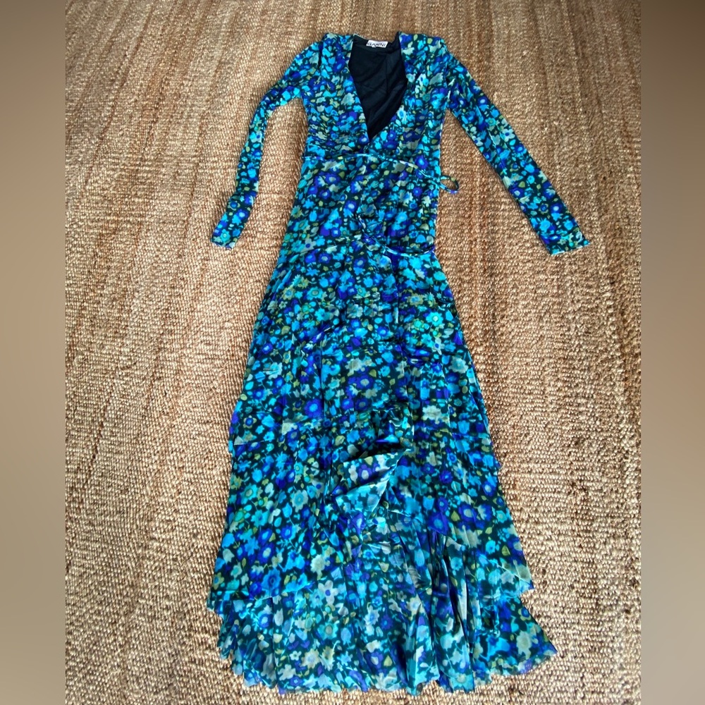 Ganni Floral Long Sleeve Wrap Dress - XS